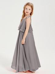 Long Chiffon Junior Bridesmaid Dresses Bowknot Spaghetti Straps Silver