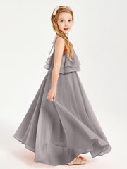 Long Chiffon Junior Bridesmaid Dresses Bowknot Spaghetti Straps Silver