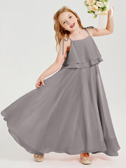 Long Chiffon Junior Bridesmaid Dresses Bowknot Spaghetti Straps Silver