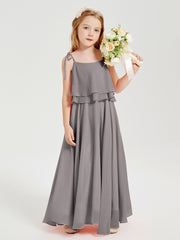 Long Chiffon Junior Bridesmaid Dresses Bowknot Spaghetti Straps Silver