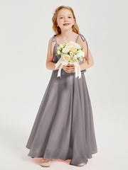 Long Chiffon Junior Bridesmaid Dresses Bowknot Spaghetti Straps Silver
