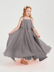 Long Chiffon Junior Bridesmaid Dresses Bowknot Spaghetti Straps Silver