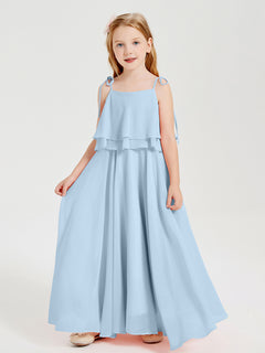 Long Chiffon Junior Bridesmaid Dresses Bowknot Spaghetti Straps Sky Blue