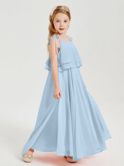 Long Chiffon Junior Bridesmaid Dresses Bowknot Spaghetti Straps Sky Blue