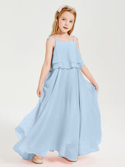 Long Chiffon Junior Bridesmaid Dresses Bowknot Spaghetti Straps Sky Blue