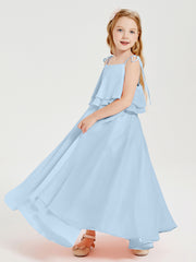 Long Chiffon Junior Bridesmaid Dresses Bowknot Spaghetti Straps Sky Blue