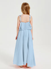 Long Chiffon Junior Bridesmaid Dresses Bowknot Spaghetti Straps Sky Blue