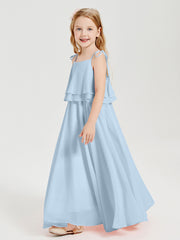 Long Chiffon Junior Bridesmaid Dresses Bowknot Spaghetti Straps Sky Blue