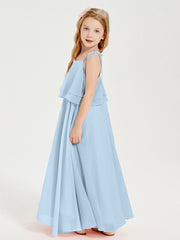 Long Chiffon Junior Bridesmaid Dresses Bowknot Spaghetti Straps Sky Blue