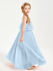 Long Chiffon Junior Bridesmaid Dresses Bowknot Spaghetti Straps Sky Blue