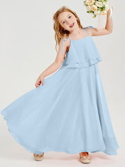 Long Chiffon Junior Bridesmaid Dresses Bowknot Spaghetti Straps Sky Blue