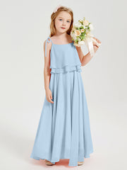 Long Chiffon Junior Bridesmaid Dresses Bowknot Spaghetti Straps Sky Blue