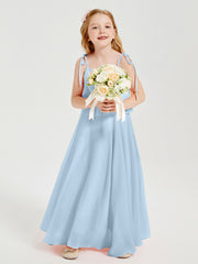Long Chiffon Junior Bridesmaid Dresses Bowknot Spaghetti Straps Sky Blue