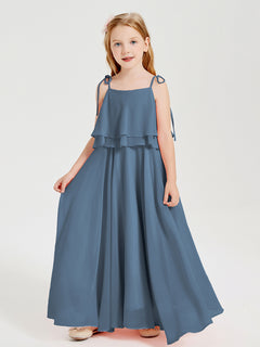 Long Chiffon Junior Bridesmaid Dresses Bowknot Spaghetti Straps Slate Blue