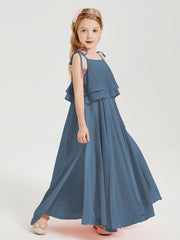 Long Chiffon Junior Bridesmaid Dresses Bowknot Spaghetti Straps Slate Blue