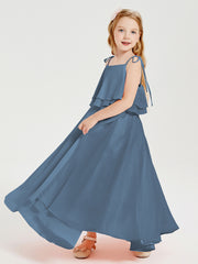 Long Chiffon Junior Bridesmaid Dresses Bowknot Spaghetti Straps Slate Blue