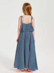 Long Chiffon Junior Bridesmaid Dresses Bowknot Spaghetti Straps Slate Blue