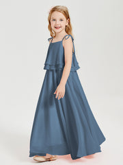 Long Chiffon Junior Bridesmaid Dresses Bowknot Spaghetti Straps Slate Blue