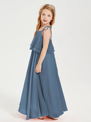 Long Chiffon Junior Bridesmaid Dresses Bowknot Spaghetti Straps Slate Blue