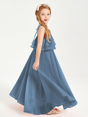 Long Chiffon Junior Bridesmaid Dresses Bowknot Spaghetti Straps Slate Blue