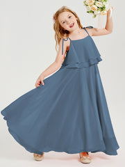 Long Chiffon Junior Bridesmaid Dresses Bowknot Spaghetti Straps Slate Blue