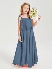 Long Chiffon Junior Bridesmaid Dresses Bowknot Spaghetti Straps Slate Blue