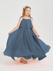 Long Chiffon Junior Bridesmaid Dresses Bowknot Spaghetti Straps Slate Blue