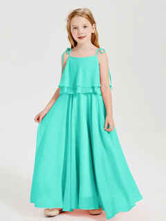 Long Chiffon Junior Bridesmaid Dresses Bowknot Spaghetti Straps Spa