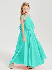 Long Chiffon Junior Bridesmaid Dresses Bowknot Spaghetti Straps Spa