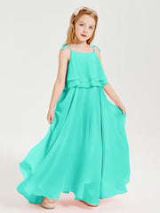 Long Chiffon Junior Bridesmaid Dresses Bowknot Spaghetti Straps Spa