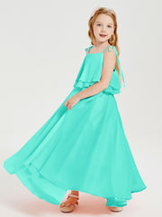 Long Chiffon Junior Bridesmaid Dresses Bowknot Spaghetti Straps Spa