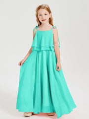 Long Chiffon Junior Bridesmaid Dresses Bowknot Spaghetti Straps Spa