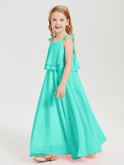 Long Chiffon Junior Bridesmaid Dresses Bowknot Spaghetti Straps Spa