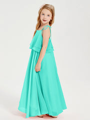 Long Chiffon Junior Bridesmaid Dresses Bowknot Spaghetti Straps Spa