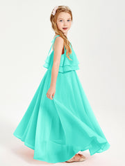 Long Chiffon Junior Bridesmaid Dresses Bowknot Spaghetti Straps Spa