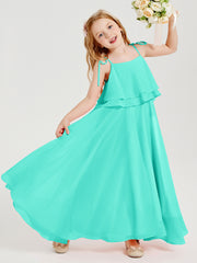 Long Chiffon Junior Bridesmaid Dresses Bowknot Spaghetti Straps Spa
