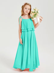 Long Chiffon Junior Bridesmaid Dresses Bowknot Spaghetti Straps Spa