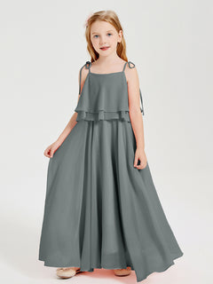 Long Chiffon Junior Bridesmaid Dresses Bowknot Spaghetti Straps Steel Grey