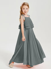 Long Chiffon Junior Bridesmaid Dresses Bowknot Spaghetti Straps Steel Grey