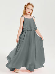Long Chiffon Junior Bridesmaid Dresses Bowknot Spaghetti Straps Steel Grey