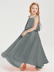 Long Chiffon Junior Bridesmaid Dresses Bowknot Spaghetti Straps Steel Grey