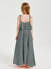 Long Chiffon Junior Bridesmaid Dresses Bowknot Spaghetti Straps Steel Grey
