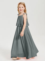Long Chiffon Junior Bridesmaid Dresses Bowknot Spaghetti Straps Steel Grey