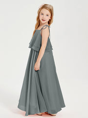 Long Chiffon Junior Bridesmaid Dresses Bowknot Spaghetti Straps Steel Grey