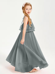 Long Chiffon Junior Bridesmaid Dresses Bowknot Spaghetti Straps Steel Grey