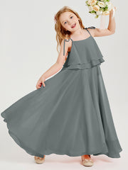 Long Chiffon Junior Bridesmaid Dresses Bowknot Spaghetti Straps Steel Grey