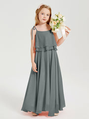 Long Chiffon Junior Bridesmaid Dresses Bowknot Spaghetti Straps Steel Grey