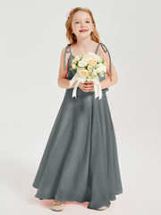 Long Chiffon Junior Bridesmaid Dresses Bowknot Spaghetti Straps Steel Grey