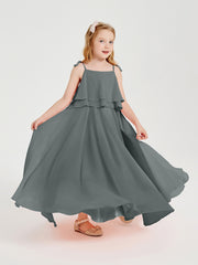 Long Chiffon Junior Bridesmaid Dresses Bowknot Spaghetti Straps Steel Grey
