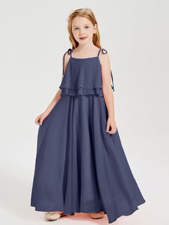 Long Chiffon Junior Bridesmaid Dresses Bowknot Spaghetti Straps Stormy